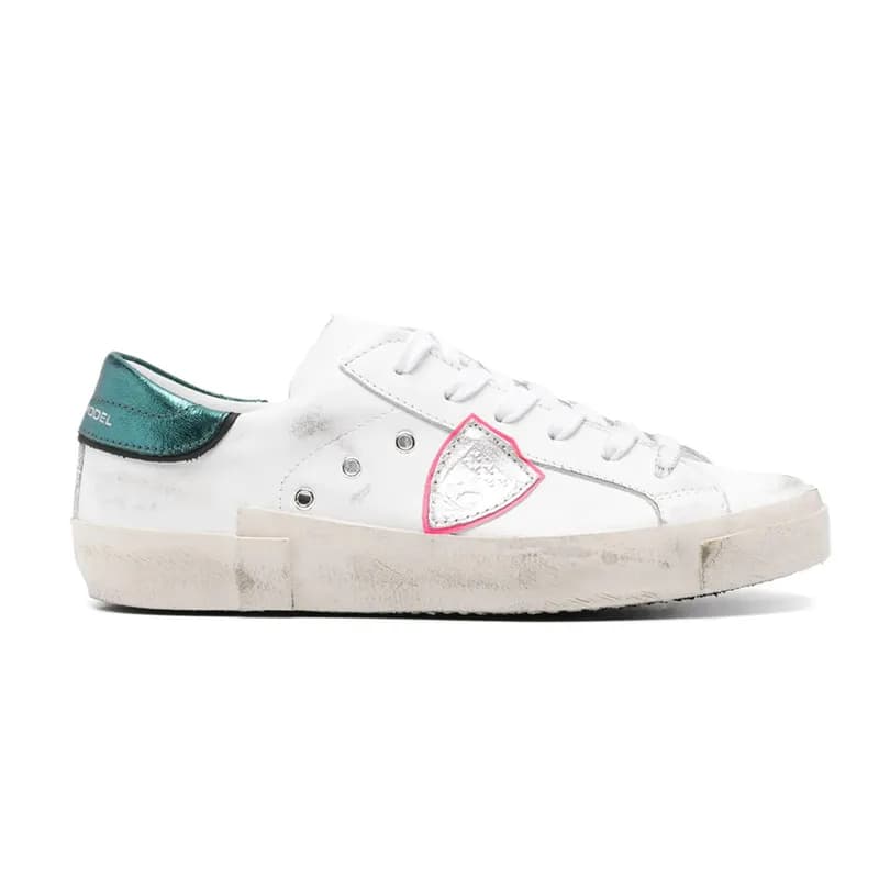 Philipp Plein Super-Star Distressed White with Metallic Green Heel and Pink Trim