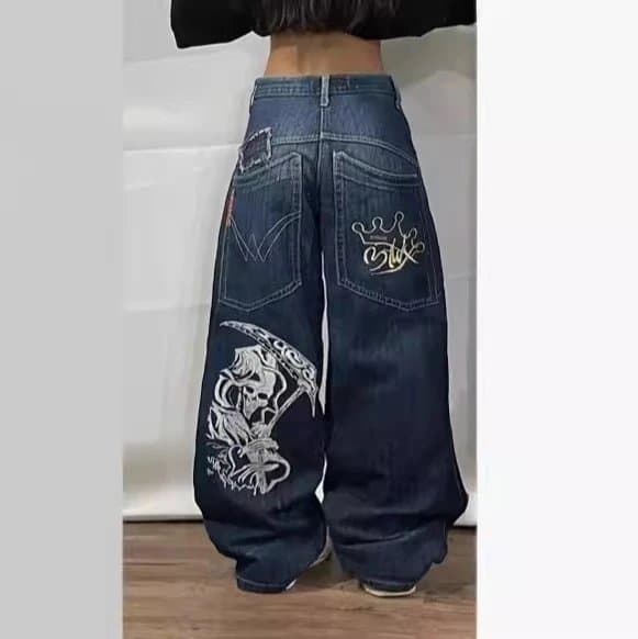 Baggy Jeans Embroidered Skull & Crown