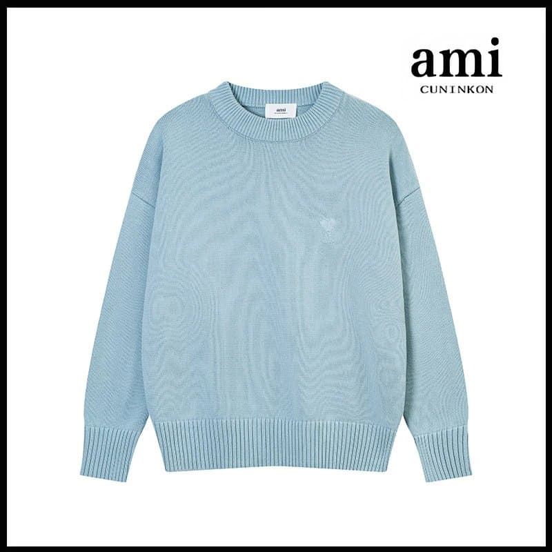 AMI Paris Knit Sweater Heart Logo — 天空蓝【A8115中爱心圆领棉纱款】