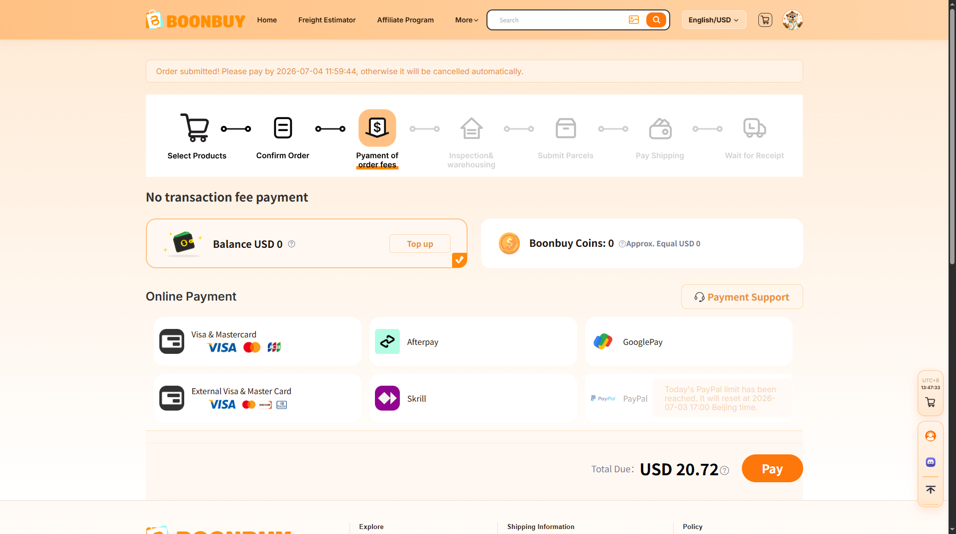 BOONBUY payment page for the delisted listing, USD 20.72 due